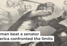 In John Magee’s print, Preston Brooks wields a cane against Charles Sumner, who is clutching a pen and a rolled-up speech. John L. Magee, The New York Public Library